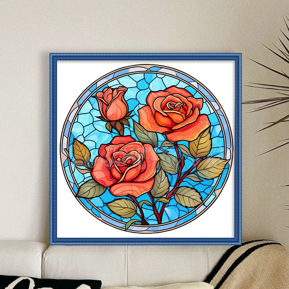 Glass Painting-Rose - 18CT Stamped Cross Stitch 25*25CM