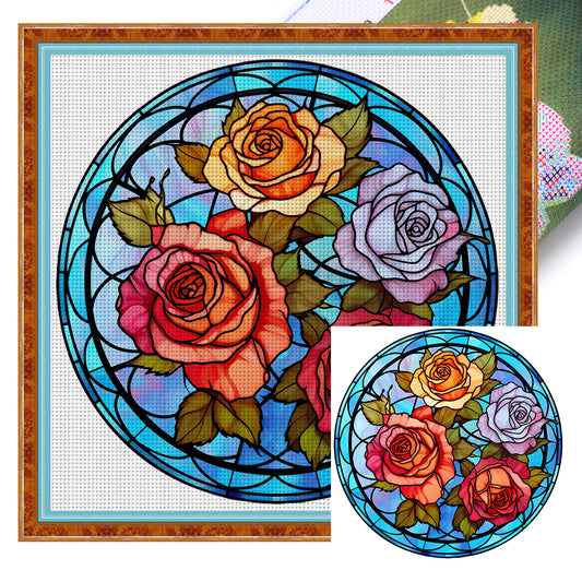 Glass Painting-Rose - 18CT Stamped Cross Stitch 25*25CM