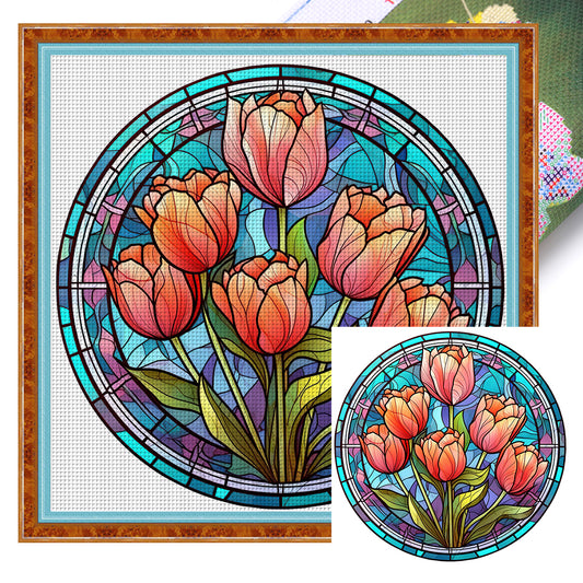 Glass Painting-Tulips - 18CT Stamped Cross Stitch 25*25CM