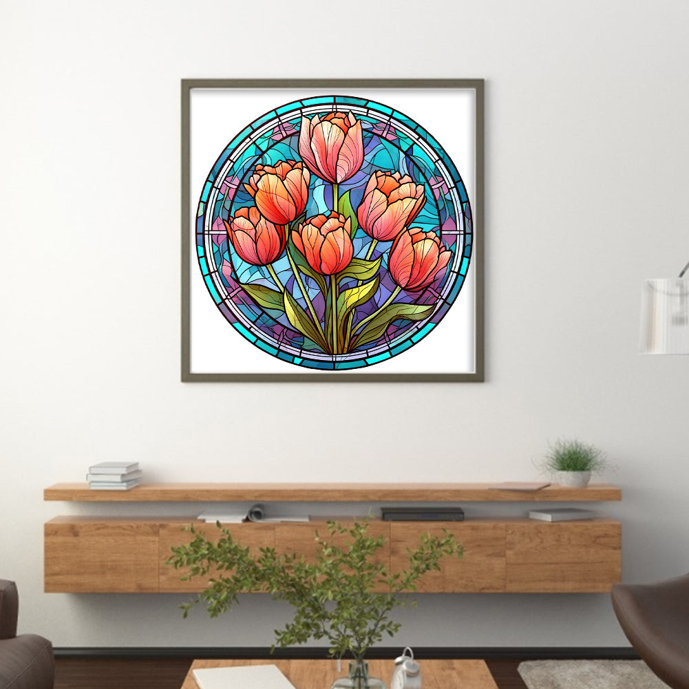 Glass Painting-Tulips - 18CT Stamped Cross Stitch 25*25CM