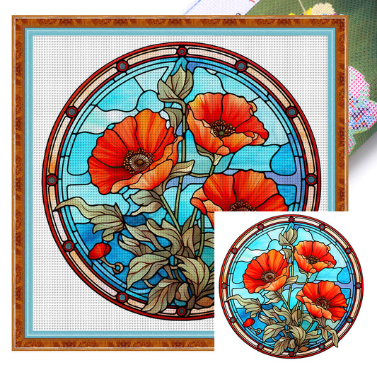 Glass Painting-Poppy Flower - 18CT Stamped Cross Stitch 25*25CM