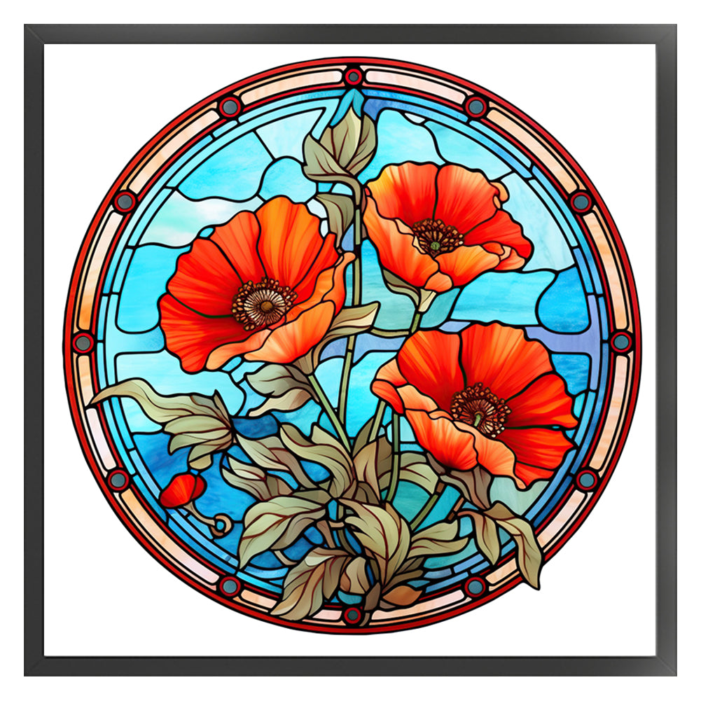 Glass Painting-Poppy Flower - 18CT Stamped Cross Stitch 25*25CM