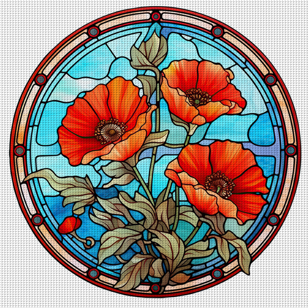 Glass Painting-Poppy Flower - 18CT Stamped Cross Stitch 25*25CM