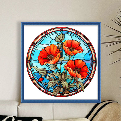 Glass Painting-Poppy Flower - 18CT Stamped Cross Stitch 25*25CM