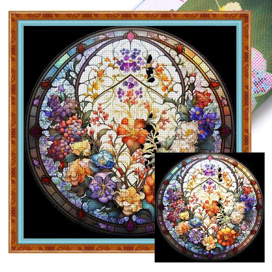 Glass Painting-Flowers - 11CT Stamped Cross Stitch 40*40CM