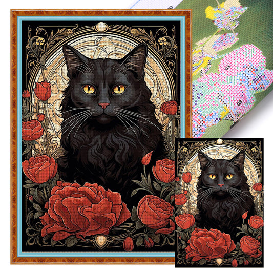 Black Cat And Rose - 11CT Stamped Cross Stitch 40*60CM