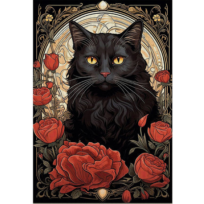 Black Cat And Rose - 11CT Stamped Cross Stitch 40*60CM