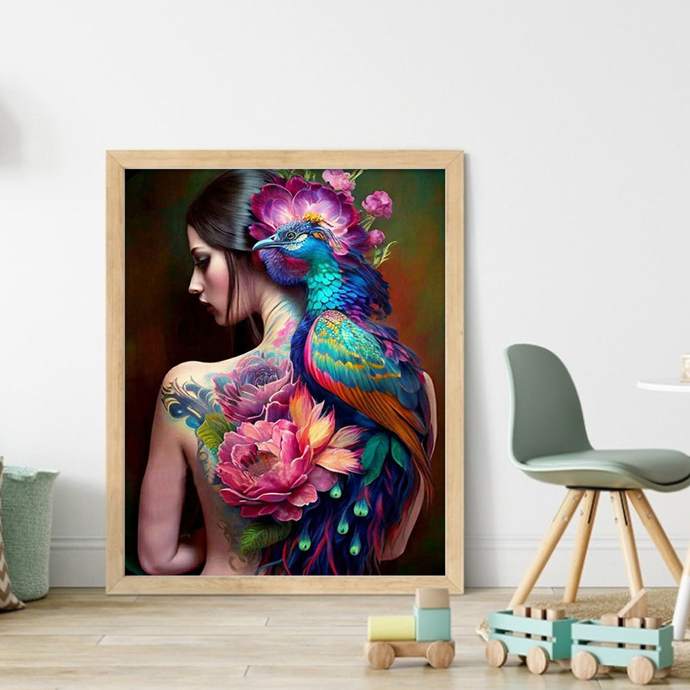 Tattooed Peacock Woman - 11CT Stamped Cross Stitch 40*50CM