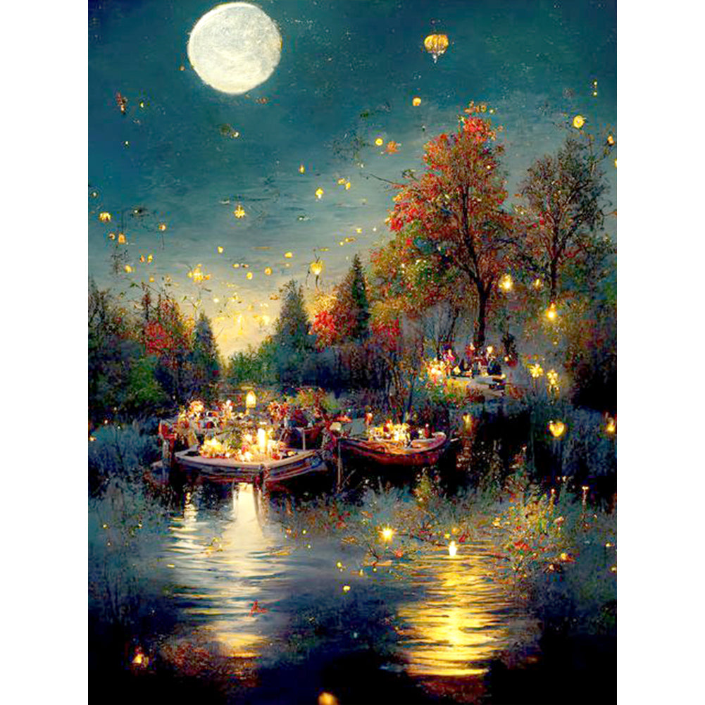 Quiet Lakeside At Night - Full Round Drill Diamond Painting 30*40CM