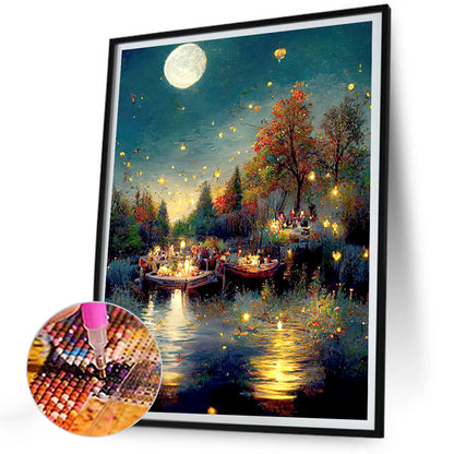 Quiet Lakeside At Night - Full Round Drill Diamond Painting 30*40CM