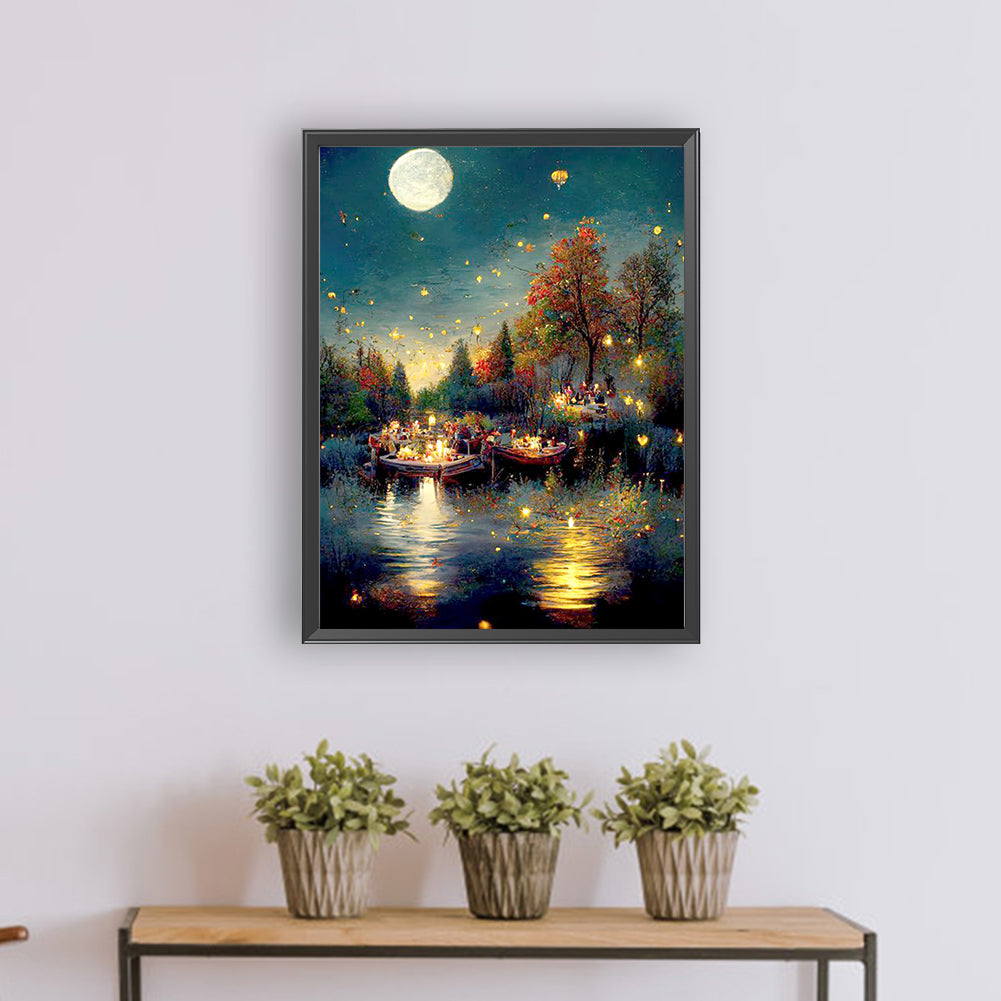 Quiet Lakeside At Night - Full Round Drill Diamond Painting 30*40CM