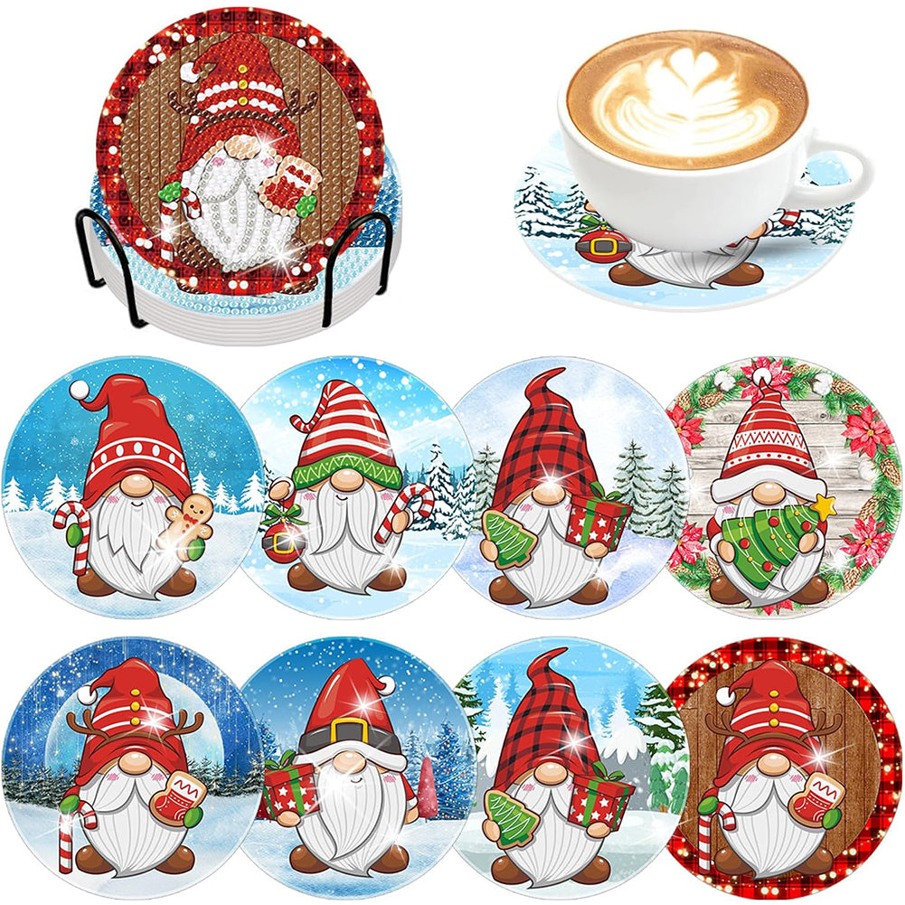 8PCS Diamond Painting Art Coaster Kit with Holder (Christmas Gnome)