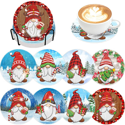 8PCS Diamond Painting Art Coaster Kit with Holder (Christmas Gnome)