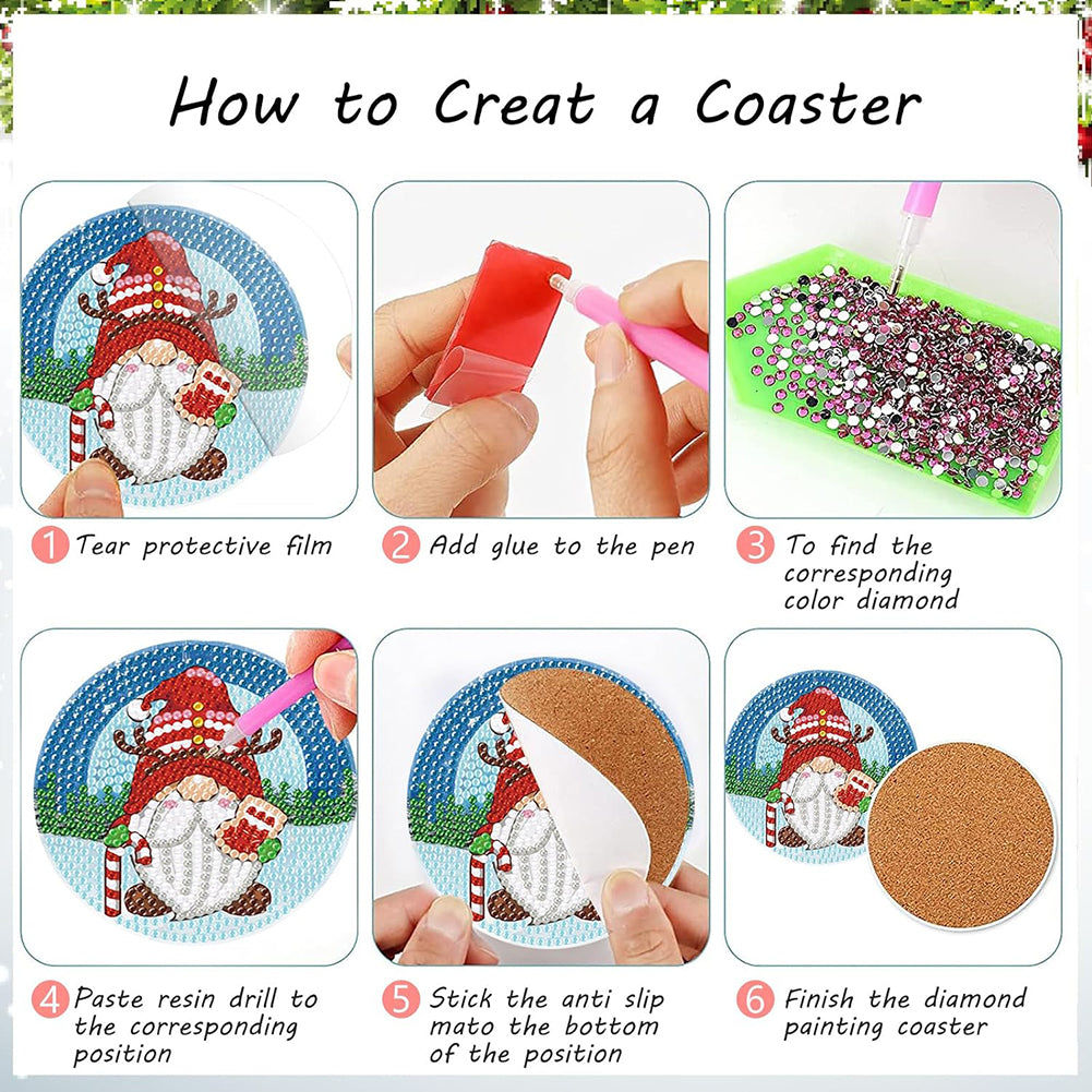 8PCS Diamond Painting Art Coaster Kit with Holder (Christmas Gnome)