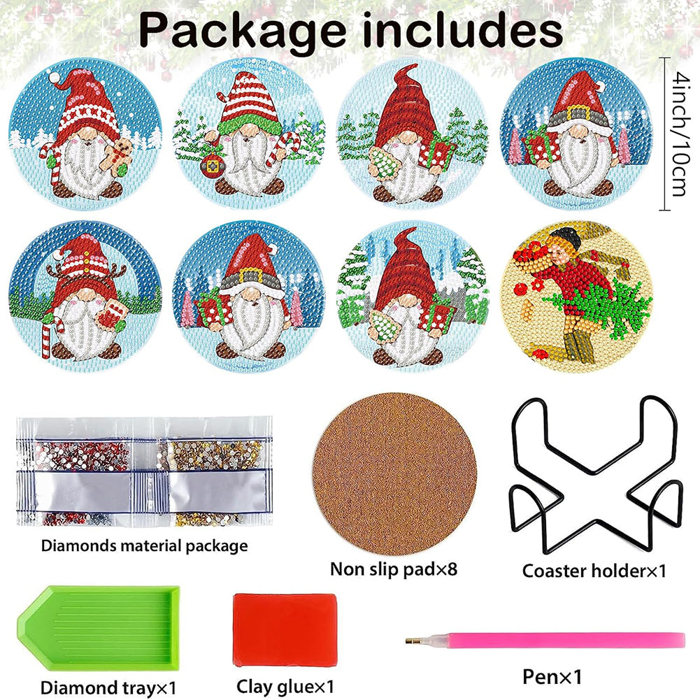 8PCS Diamond Painting Art Coaster Kit with Holder (Christmas Gnome)