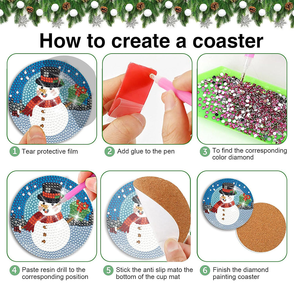 8PCS Diamond Painting Art Coaster Kit with Holder (Christmas Snowman)