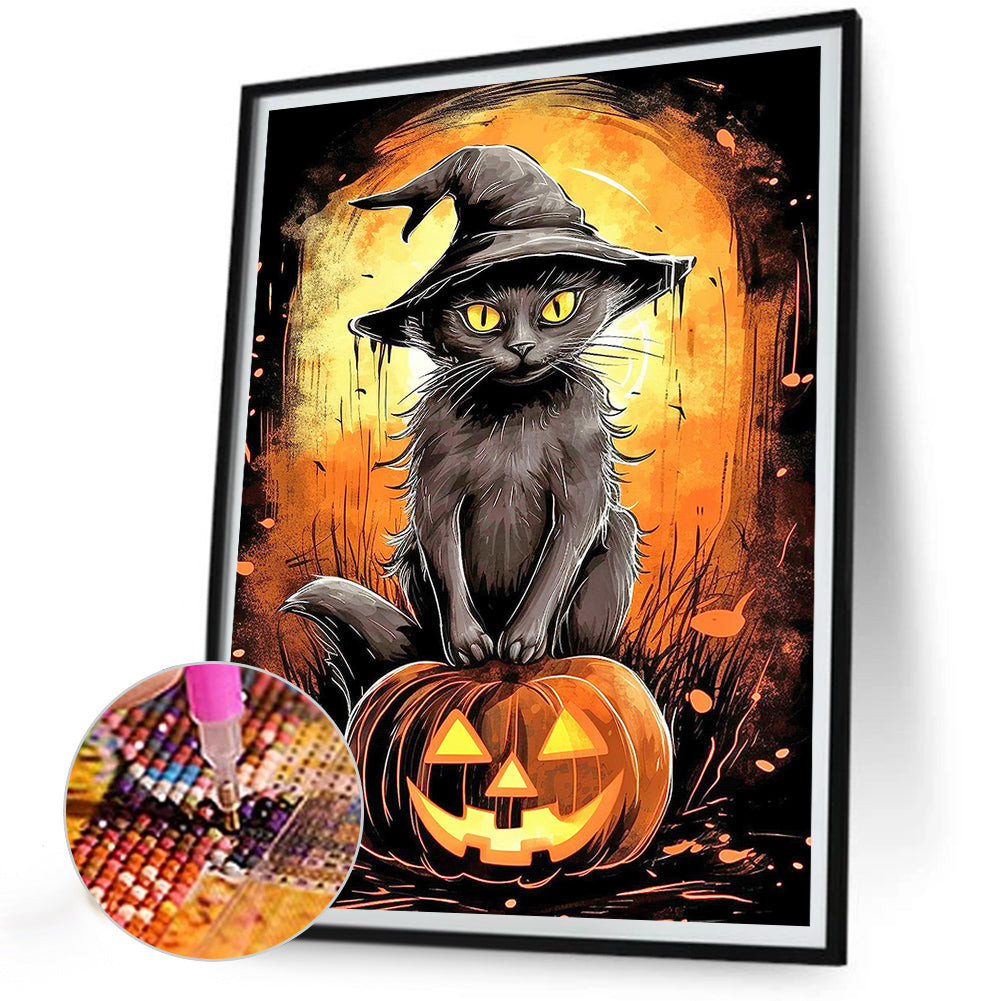 Black Cat And Jack-O-Lantern - Full Round Drill Diamond Painting 30*40CM