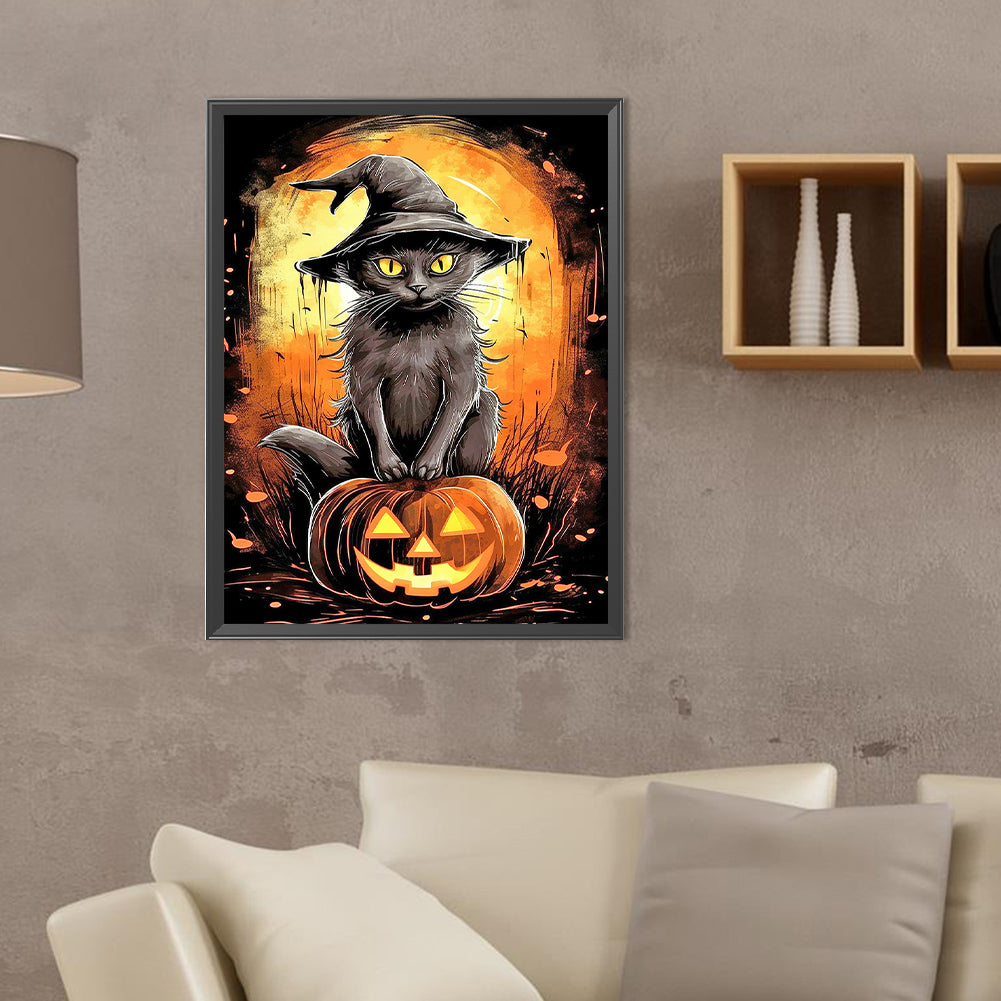 Black Cat And Jack-O-Lantern - Full Round Drill Diamond Painting 30*40CM