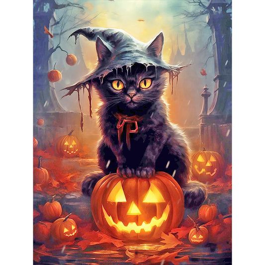 Black Cat And Jack-O-Lantern - Full Round Drill Diamond Painting 30*40CM