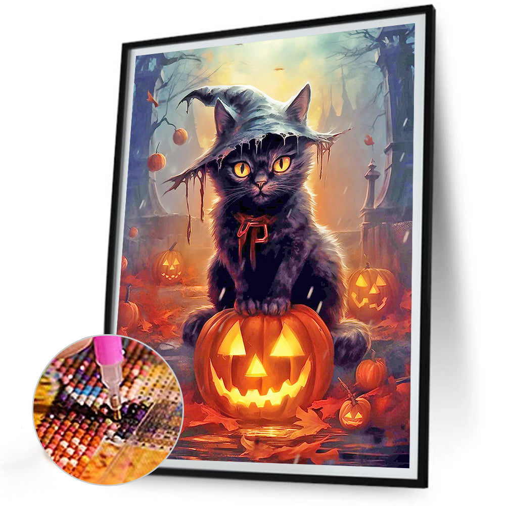 Black Cat And Jack-O-Lantern - Full Round Drill Diamond Painting 30*40CM