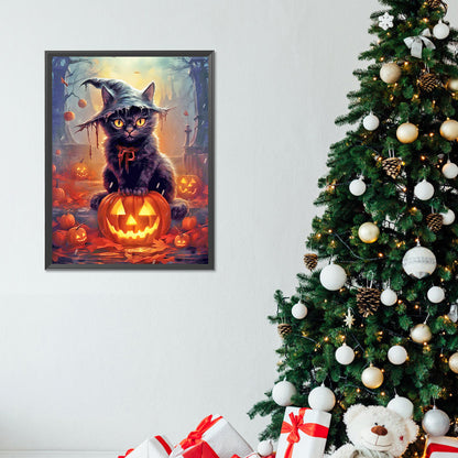 Black Cat And Jack-O-Lantern - Full Round Drill Diamond Painting 30*40CM