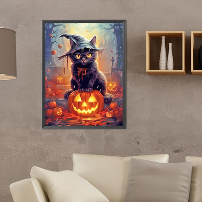 Black Cat And Jack-O-Lantern - Full Round Drill Diamond Painting 30*40CM