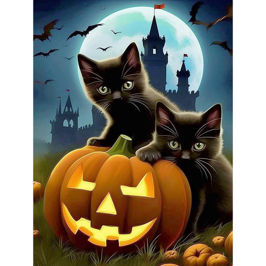 Halloween Black Cat And Pumpkin Lantern - Full Round Drill Diamond Painting 30*40CM