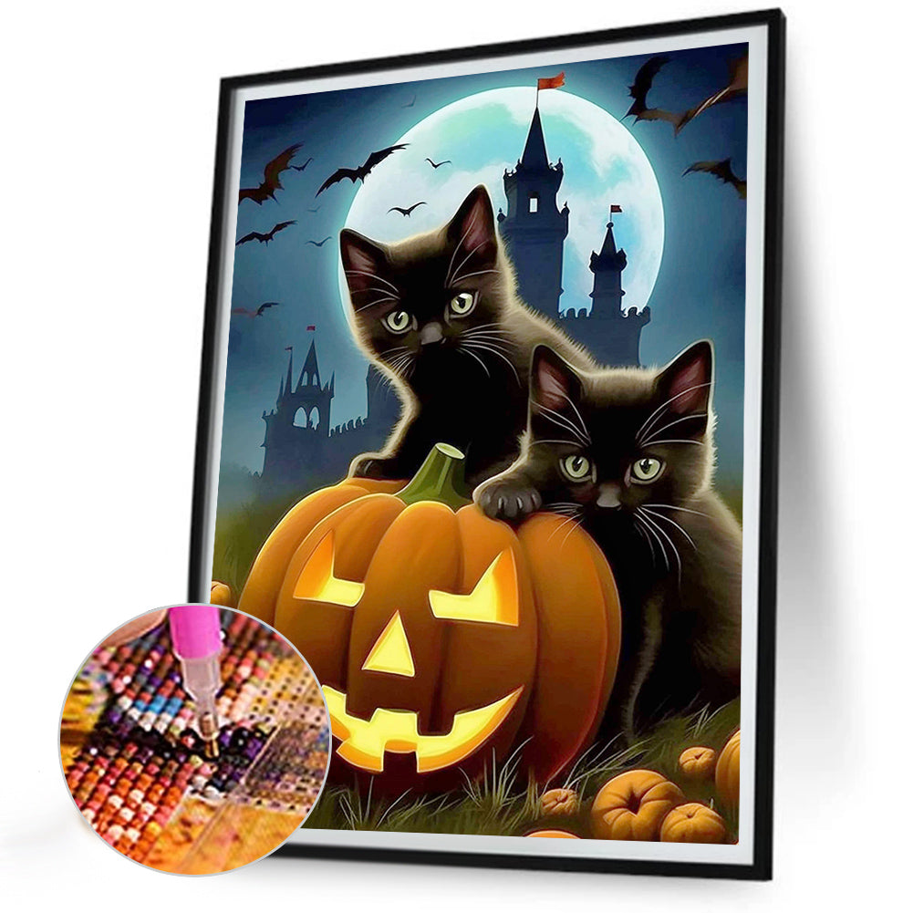 Halloween Black Cat And Pumpkin Lantern - Full Round Drill Diamond Painting 30*40CM