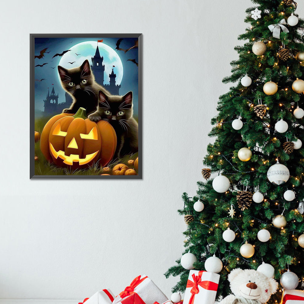 Halloween Black Cat And Pumpkin Lantern - Full Round Drill Diamond Painting 30*40CM