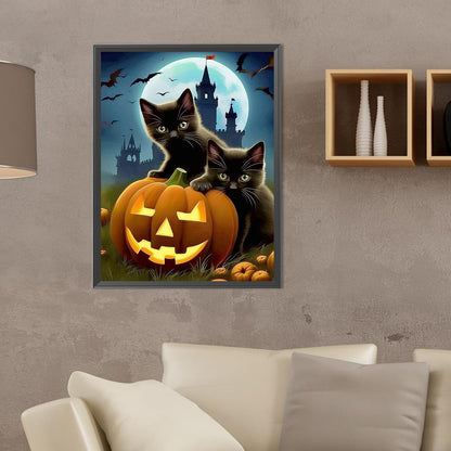 Halloween Black Cat And Pumpkin Lantern - Full Round Drill Diamond Painting 30*40CM