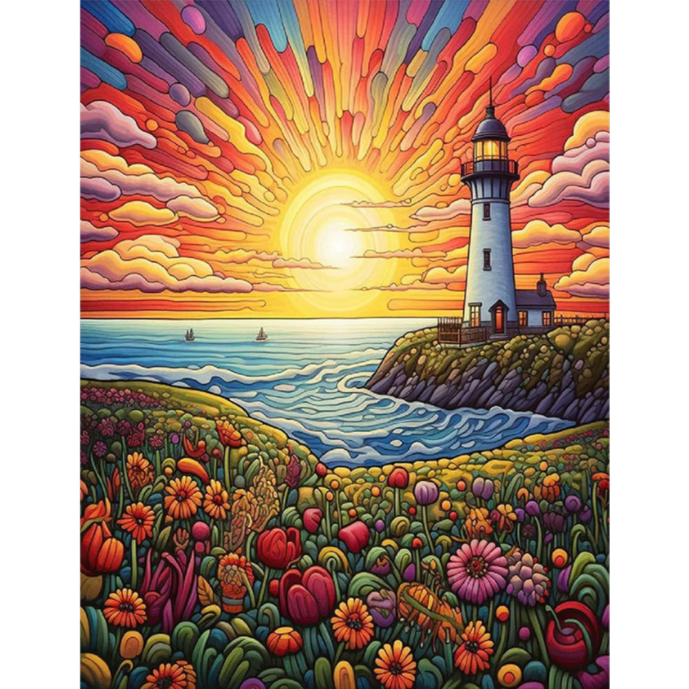 Sunrise Sea Lighthouse - Full Round Drill Diamond Painting 50*65CM