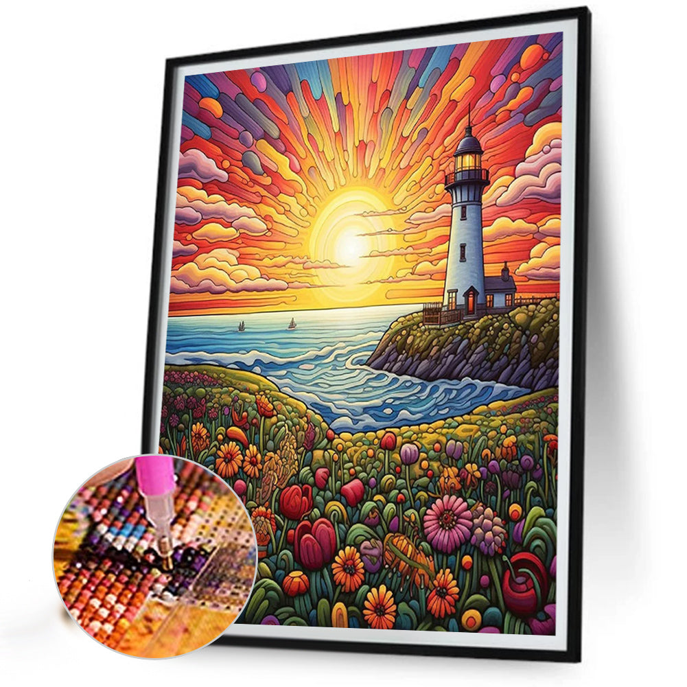 Sunrise Sea Lighthouse - Full Round Drill Diamond Painting 50*65CM