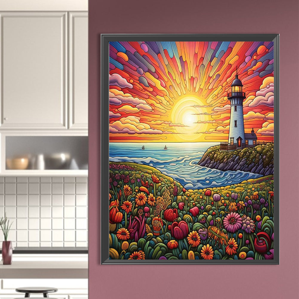 Sunrise Sea Lighthouse - Full Round Drill Diamond Painting 50*65CM