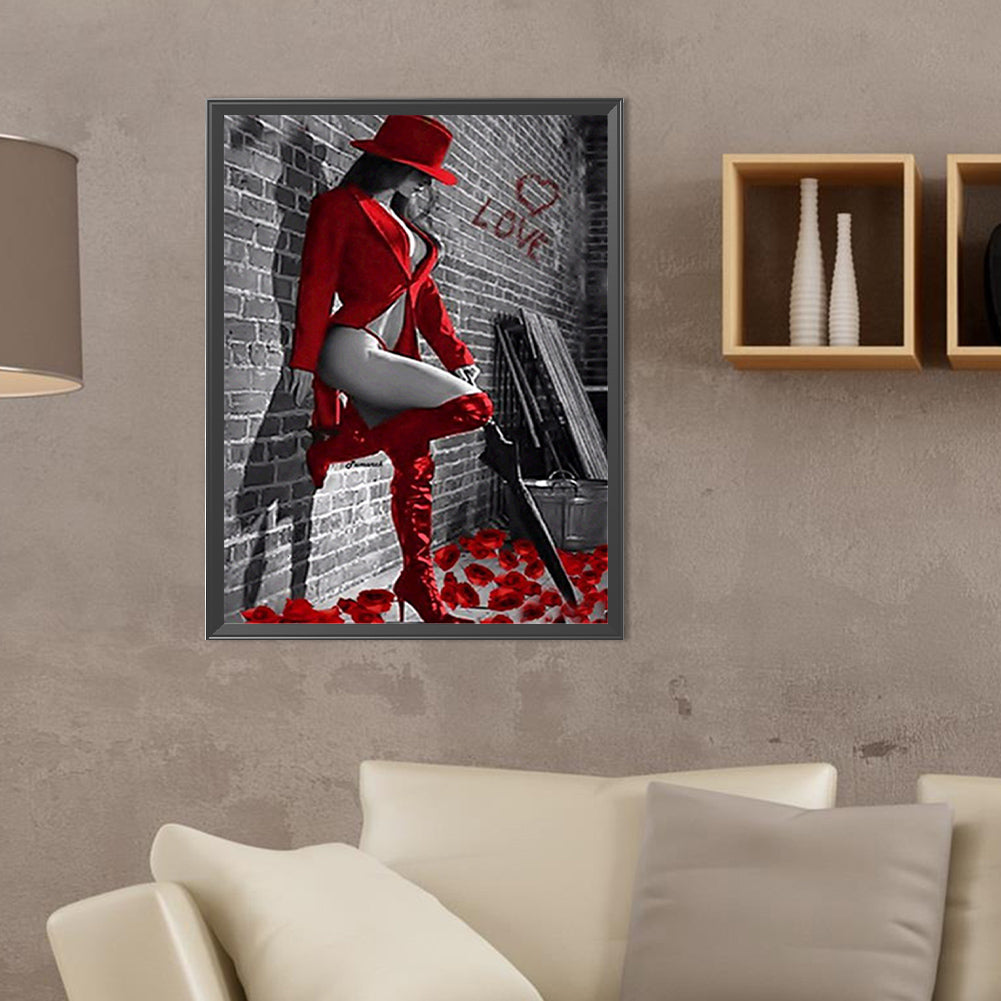 Girl In Red - Full Round Drill Diamond Painting 30*40CM