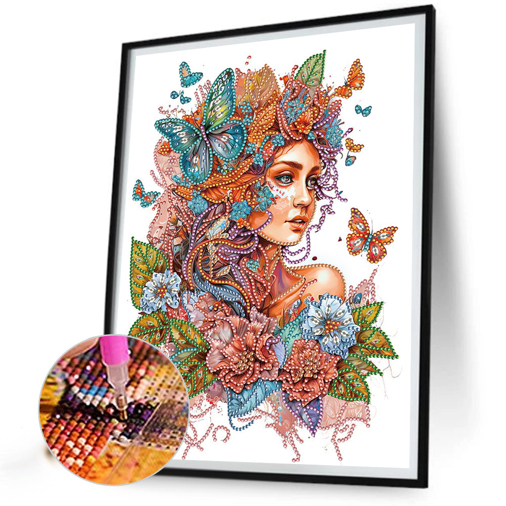 Girl Flower Butterfly - Special Shaped Drill Diamond Painting 30*40CM