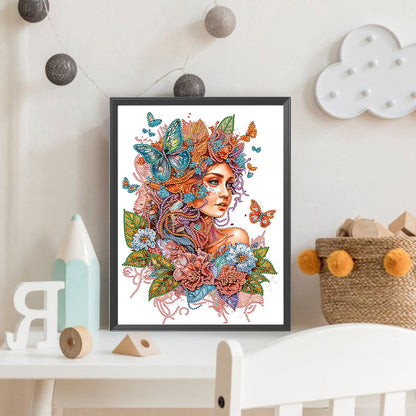 Girl Flower Butterfly - Special Shaped Drill Diamond Painting 30*40CM