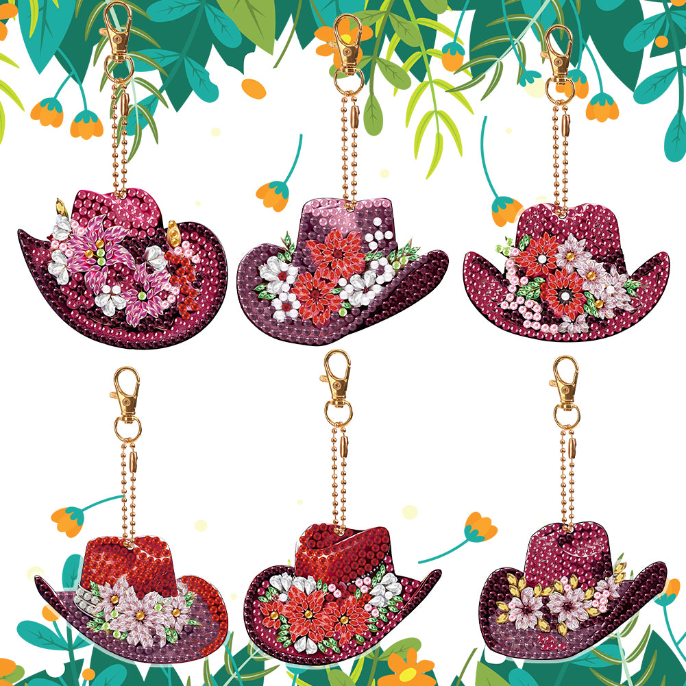 6PCS Double Sided Special Shape Diamond Painting Keychain (Vintage Cowboy Hat)
