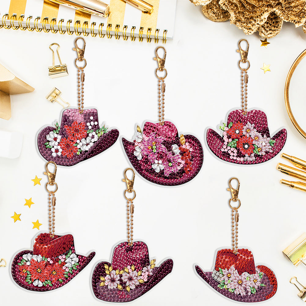 6PCS Double Sided Special Shape Diamond Painting Keychain (Vintage Cowboy Hat)
