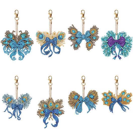 6PCS Double Sided Special Shape Diamond Painting Keychain (Peacock Bow)