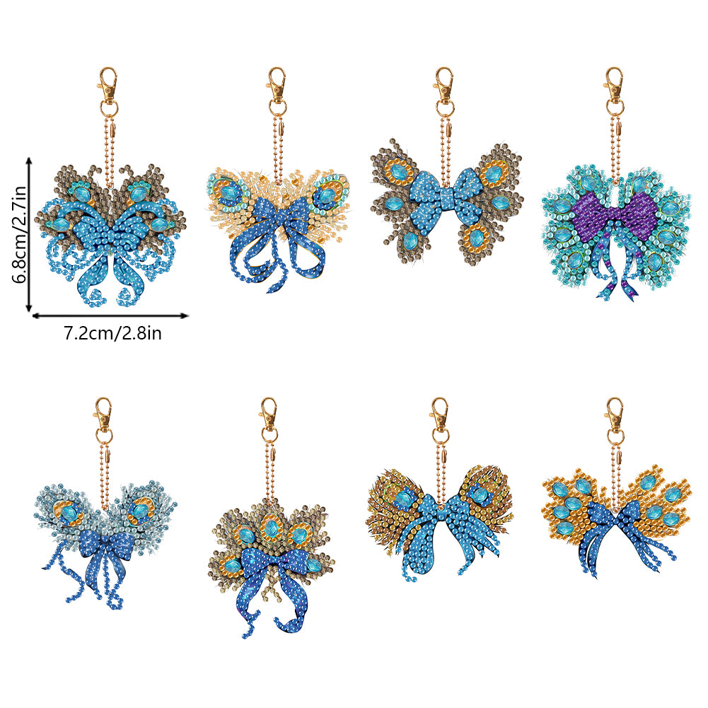 6PCS Double Sided Special Shape Diamond Painting Keychain (Peacock Bow)