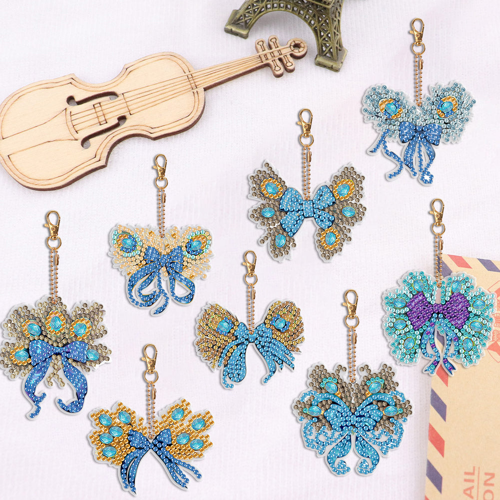 6PCS Double Sided Special Shape Diamond Painting Keychain (Peacock Bow)