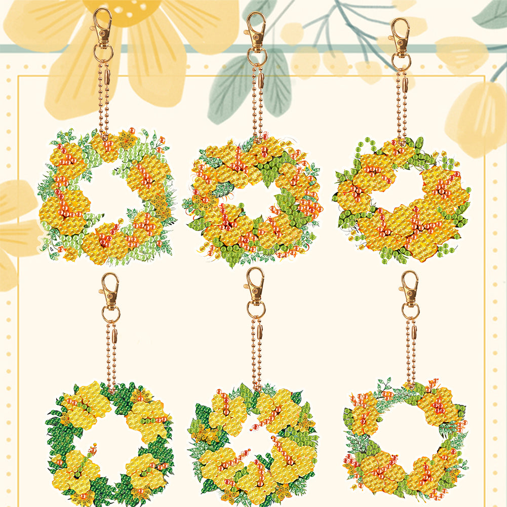 6PCS Double Sided Special Shape Diamond Painting Keychain (Yellow Garland)