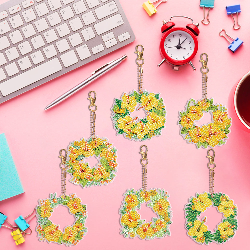 6PCS Double Sided Special Shape Diamond Painting Keychain (Yellow Garland)