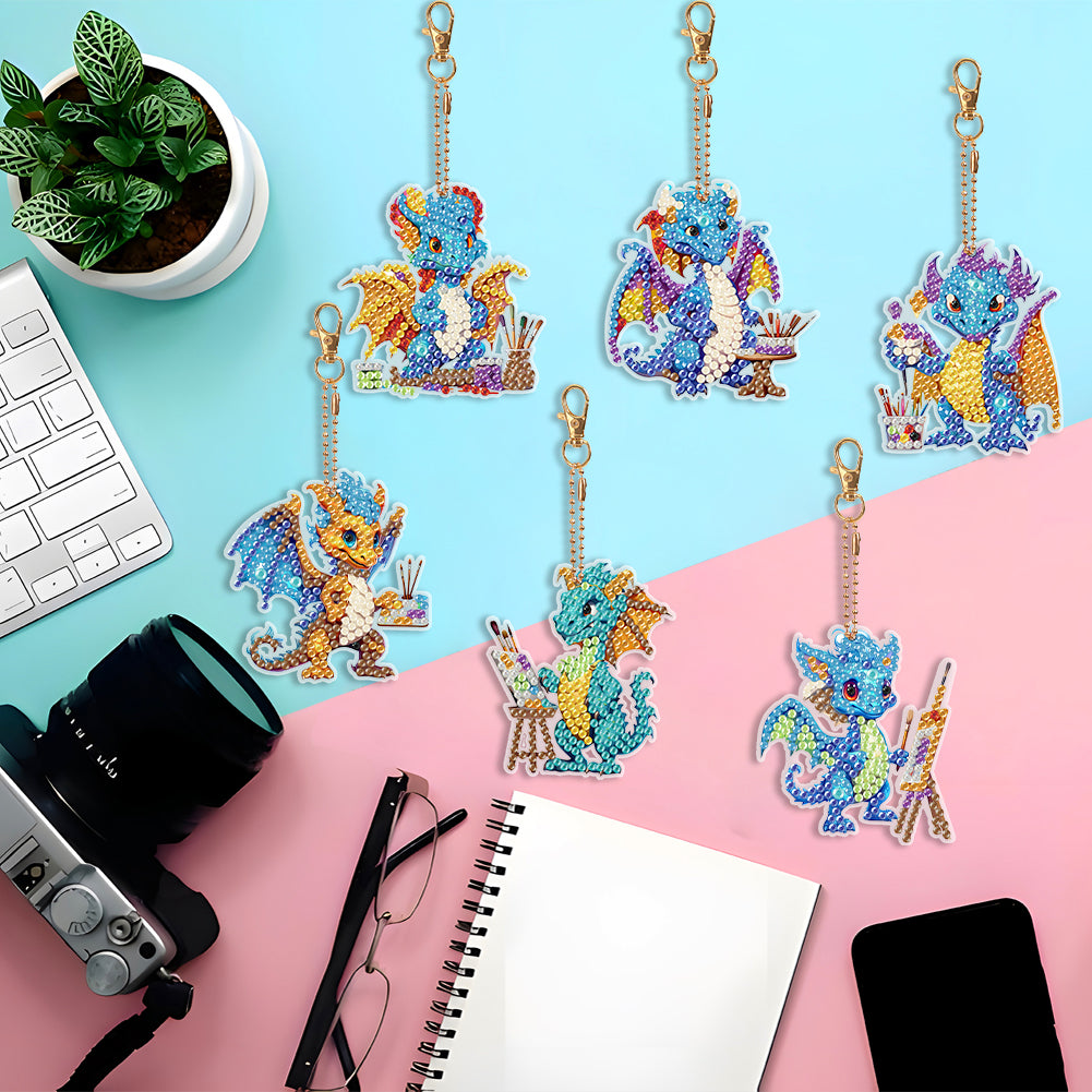 6PCS Double Sided Special Shape Diamond Painting Keychain (Dragons of Painting)