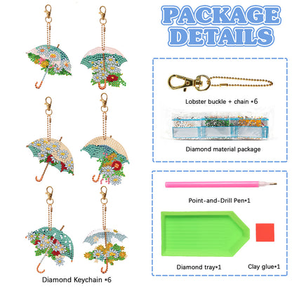 6PCS Double Sided Special Shape Diamond Painting Keychain (Delicate Umbrella)