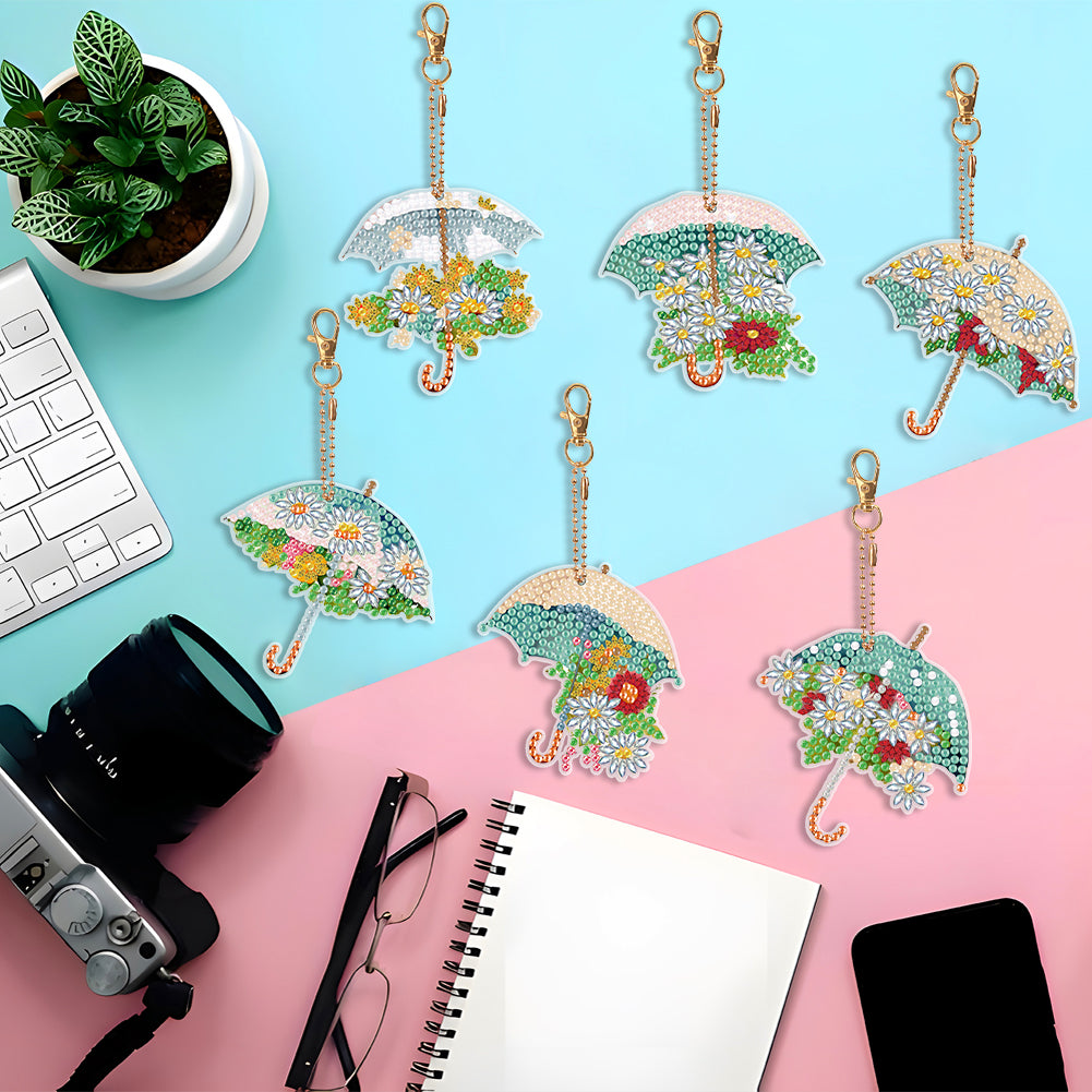 6PCS Double Sided Special Shape Diamond Painting Keychain (Delicate Umbrella)