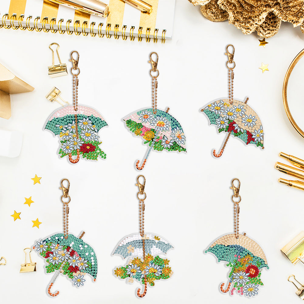 6PCS Double Sided Special Shape Diamond Painting Keychain (Delicate Umbrella)