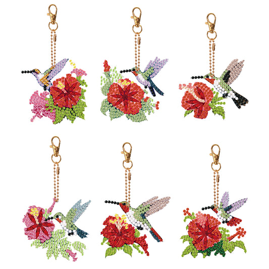 6PCS Double Sided Special Shape Diamond Painting Keychain (Hummingbird Flower)