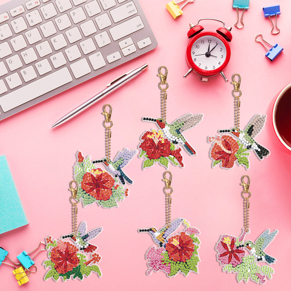 6PCS Double Sided Special Shape Diamond Painting Keychain (Hummingbird Flower)