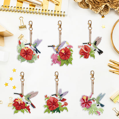 6PCS Double Sided Special Shape Diamond Painting Keychain (Hummingbird Flower)